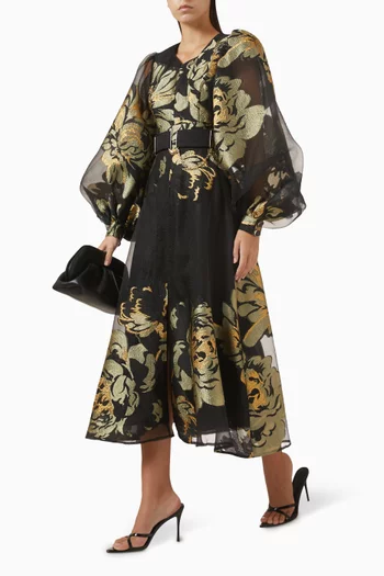 فستان متوسط الطول بحزام ونقشة زهور