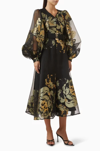 فستان متوسط الطول بحزام ونقشة زهور