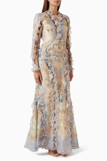 فستان ربيلين طويل بفتحات صدفية الشكل حرير وكتان