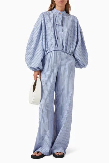 بلوزة بنقشة مخططة وأربطة تضييق مزيج قطن