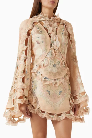 فستان ربيلين قصير بفتحات صدفية الشكل حرير وكتان