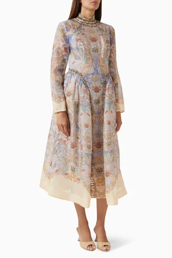 فستان ربيلين متوسط الطول ومطرز بالخرز حرير وكتان