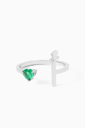 Initial 'A' Open Emerald & Diamond Ring in 18kt White Gold