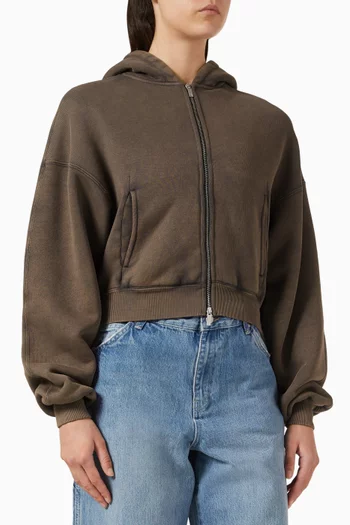 كنزة قصيرة بغطاء رأس بقصة فضفاضة وشعار الماركة صوف