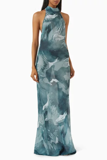 فستان موتون طويل بحمالات حول الرقبة