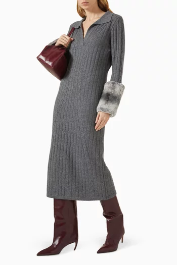 Fur-trim Cable-knit Midi Dress