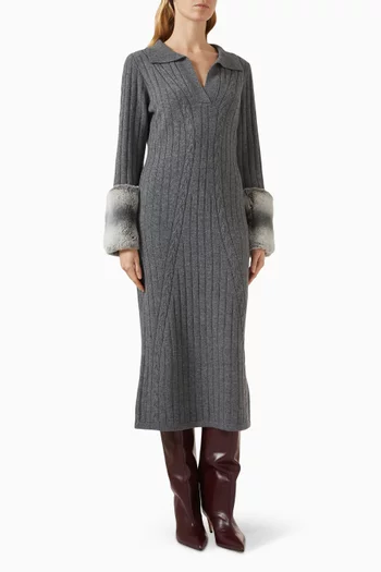 Fur-trim Cable-knit Midi Dress