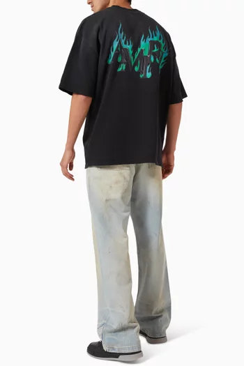 تي شيرت بقصة فضفاضة وطبعة شعلة نار قطن