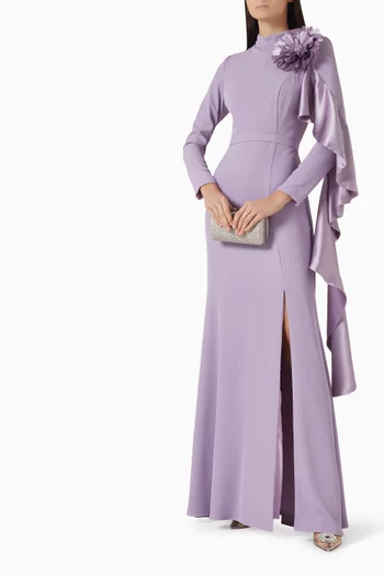 Floral-applique Gown in Crepe & Crinkle Satin