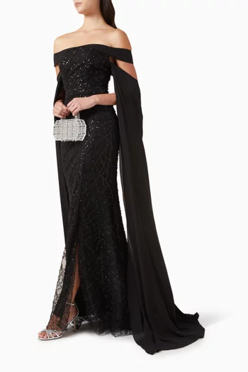 Off-shoulder Embellished Gown in Crepe & Tulle