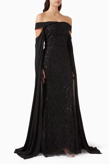 Off-shoulder Embellished Gown in Crepe & Tulle