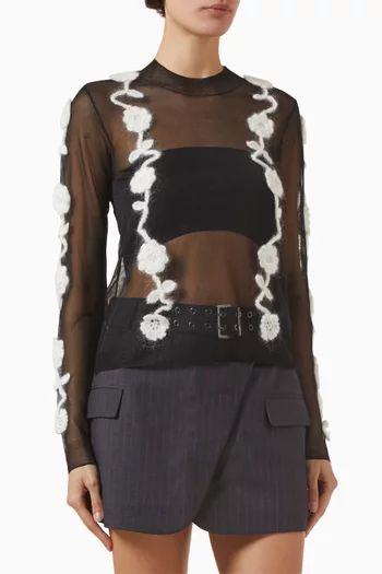 Sheer Crochet Flower-appliqué Top