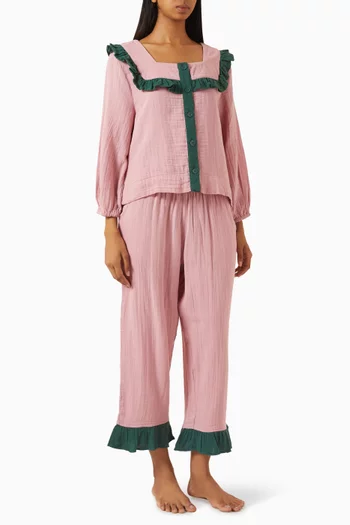 طقم بيجاما بلوزة وبنطال بكشكش قطن