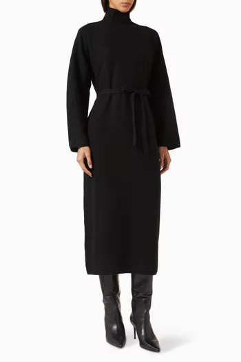 فستان منسوج بحزام وياقة عالية