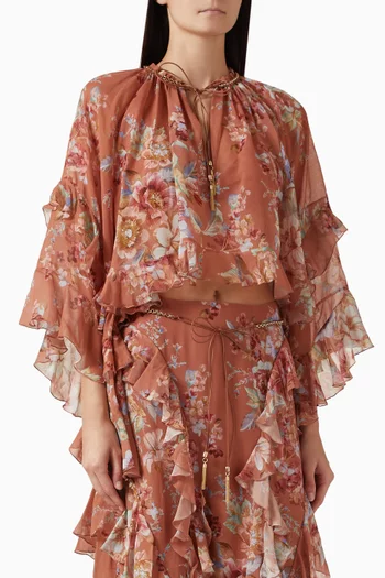 بلوزة اويكن بكشكش مزيج قطن وحرير