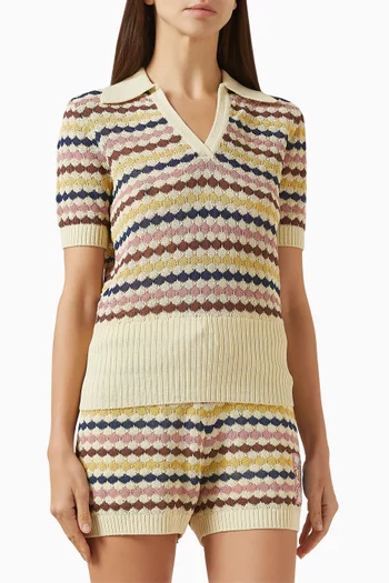 بلوزة اويكن منسوجة بياقة بولو ونقشة صدفية مزيج قطن