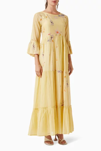 Embroidered Maxi Dress in Cotton-silk