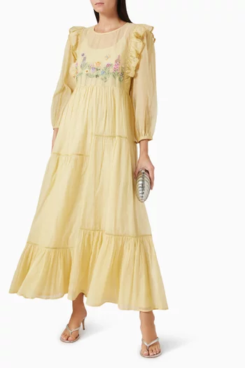 Embroidered Ruffled Maxi Dress in Cotton-silk