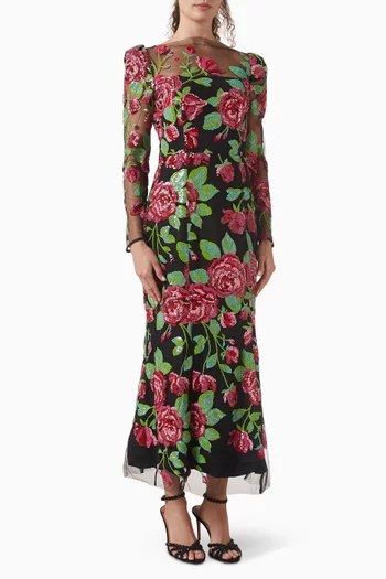 فستان ليرا متوسط الطول مزين بتطريزات قماش شبكي