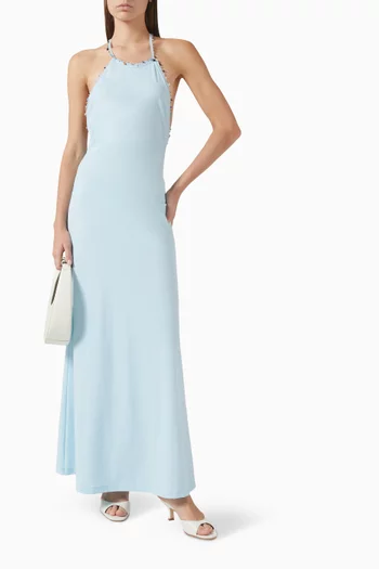 فستان بيتش بأربطة حول الرقبة ومطرز بأحجار كوارتز ليكرا