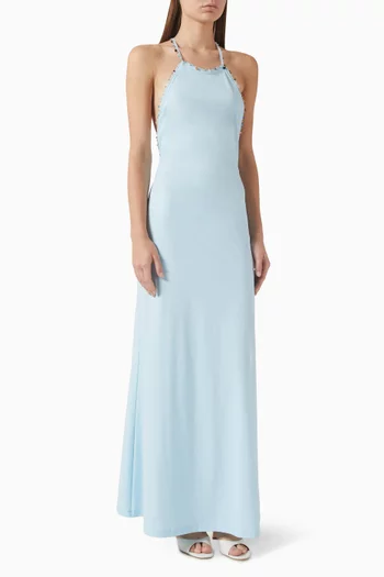 فستان بيتش بأربطة حول الرقبة ومطرز بأحجار كوارتز ليكرا