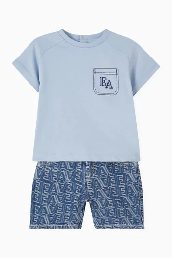 شورت مزين بنقشة شعار الماركة دينم