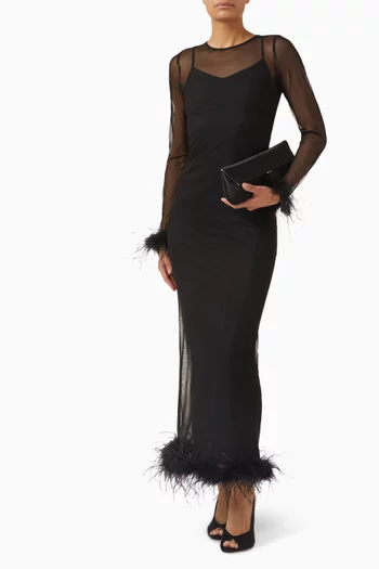 فستان بأشرطة من الريش قماش شبكي