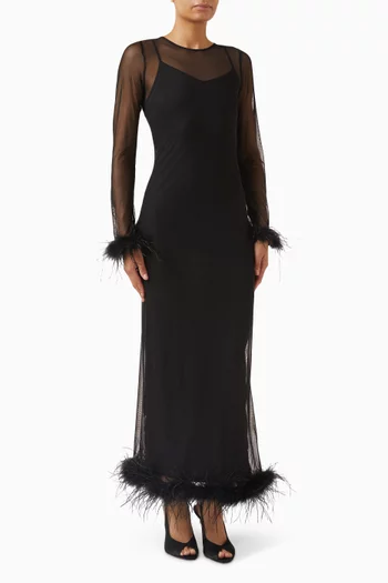 فستان بأشرطة من الريش قماش شبكي