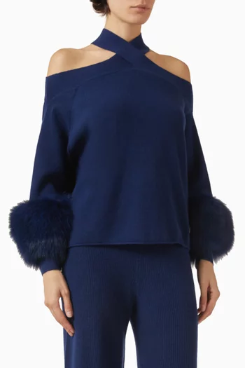Criss-cross Fur-trim Sweater in Wool-cashmere