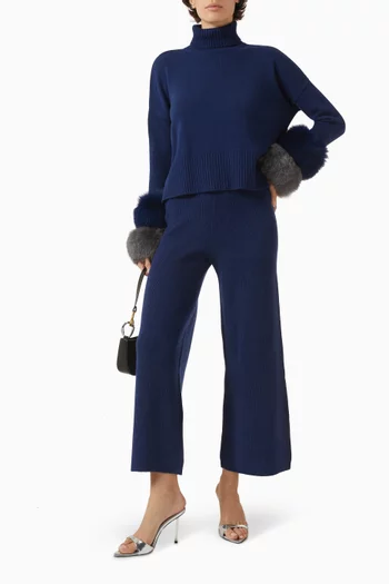High Neck Cropped Sweater in Navy with fox fur cuffs ( top ring - Navy, bottom ring - Dark Grey):Navy    :XL|218940346
