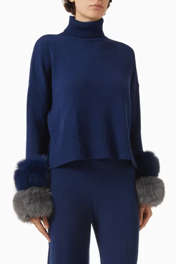 High Neck Cropped Sweater in Navy with fox fur cuffs ( top ring - Navy, bottom ring - Dark Grey):Navy    :XL|218940346