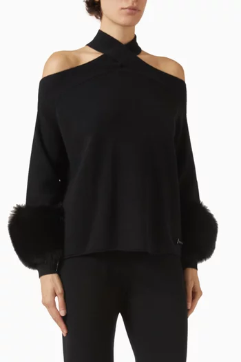 Criss-cross Fur-trim Sweater in Wool-cashmere
