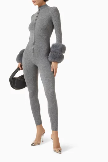 The Stripe Detail Second Skin Base Layer Jumpsuit in Dark Grey with Double Ring Fox Fur Cuffs:DARK GREY:XS|218940411