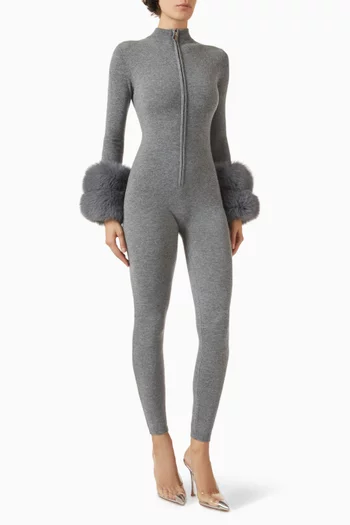 The Stripe Detail Second Skin Base Layer Jumpsuit in Dark Grey with Double Ring Fox Fur Cuffs:DARK GREY:XS|218940411