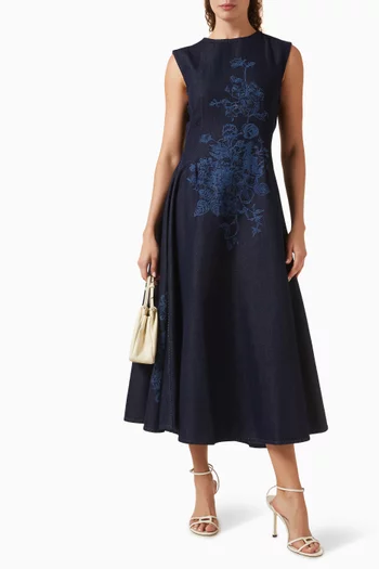 Flower-motif Midi Dress in Denim