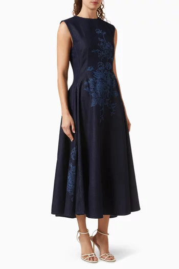 Flower-motif Midi Dress in Denim