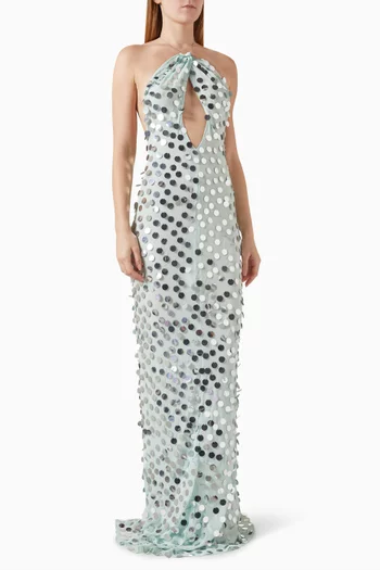 فستان طويل مزين بخرز عاكس للضوء