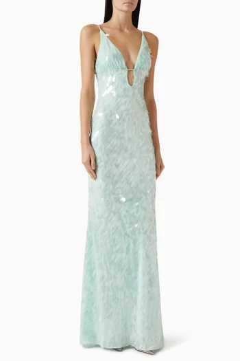 فستان سافاير طويل مزين بتطريزات بالترتر