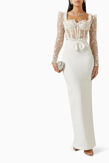 فستان سهرة بصدرية دانتيل قماش كادي