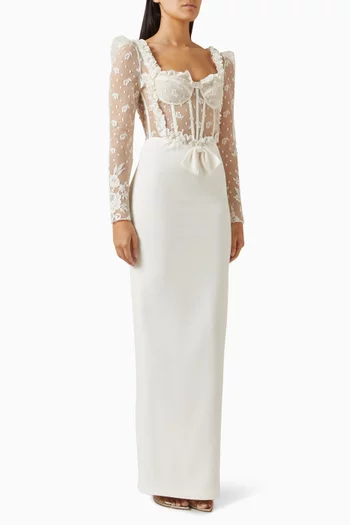 فستان سهرة بصدرية دانتيل قماش كادي