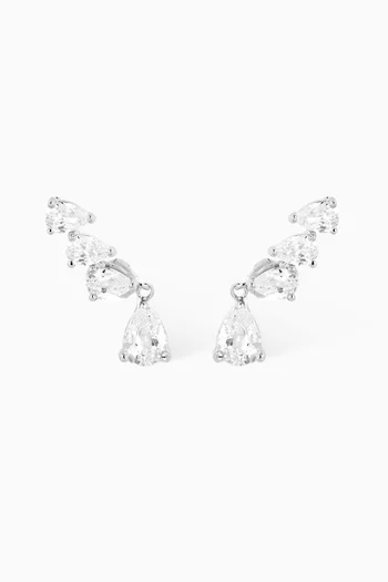 Pear Drop Crawler Earrings in Rhodium-plated Brass