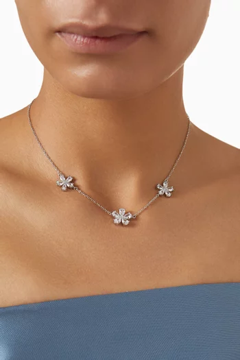 CZ Triple Flower Necklace in Rhodium-plated Brass