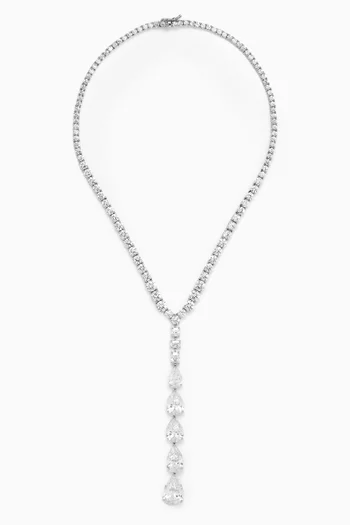 CZ Lariat Pear Necklace in Rhodium-plated Brass