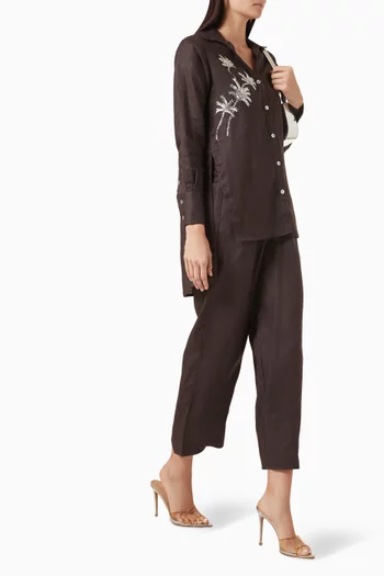 طقم قميص وبنطال بنقشة أشجار نخيل كتان