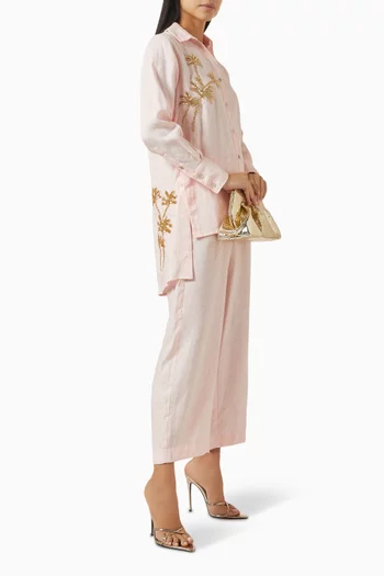 طقم قميص وبنطال بنقشة أشجار نخيل كتان