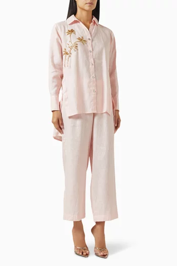 طقم قميص وبنطال بنقشة أشجار نخيل كتان