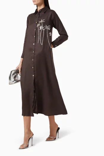 فستان بنمط قميص مزين بنقشة أشجار نخيل كتان