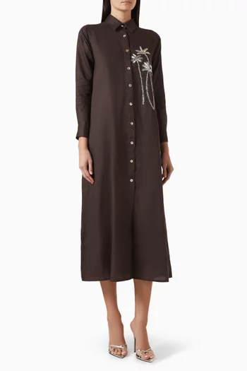 فستان بنمط قميص مزين بنقشة أشجار نخيل كتان