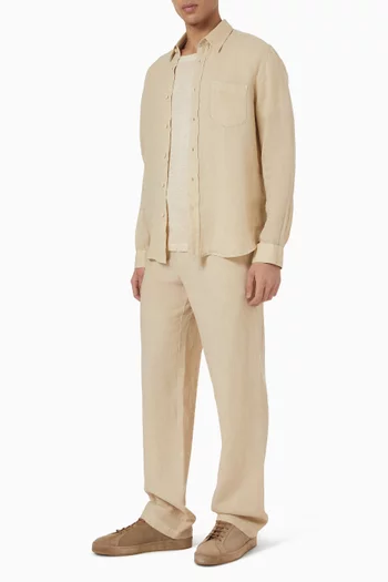 تي شيرت بقصة عادية وفتحة رقبة مستديرة كتان