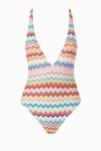 لباس سباحة قطعة واحدة بنقشة خطوط متعرجة مبكسلة